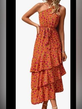 Tiered Maxi Dress in Orange and Pink Floral